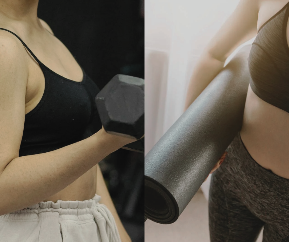 Side-by-side image of a woman lifting weights and another holding a yoga mat, highlighting the balance of strength training and Pilates for a strong, lean body.